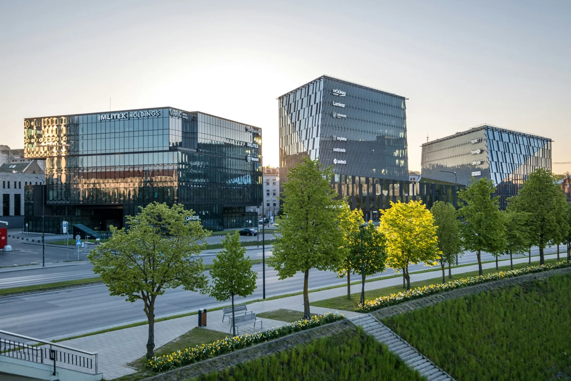 Modern office buildings beside a tree-lined boulevard